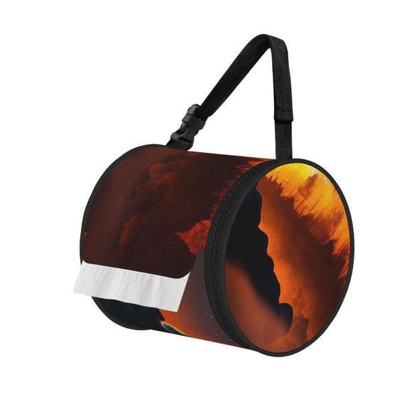 Wolf Howling Night Moon River Portable Cylinder Toilet Paper Holder Tissue Dispenser Hanging Storage Bag with Strap