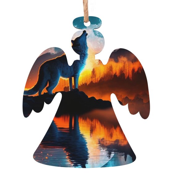 Wolf Howling Night Moon River Wooden Christmas Ornament Angel Shape,Xmas Tree Hanging Decoration 6 PCS