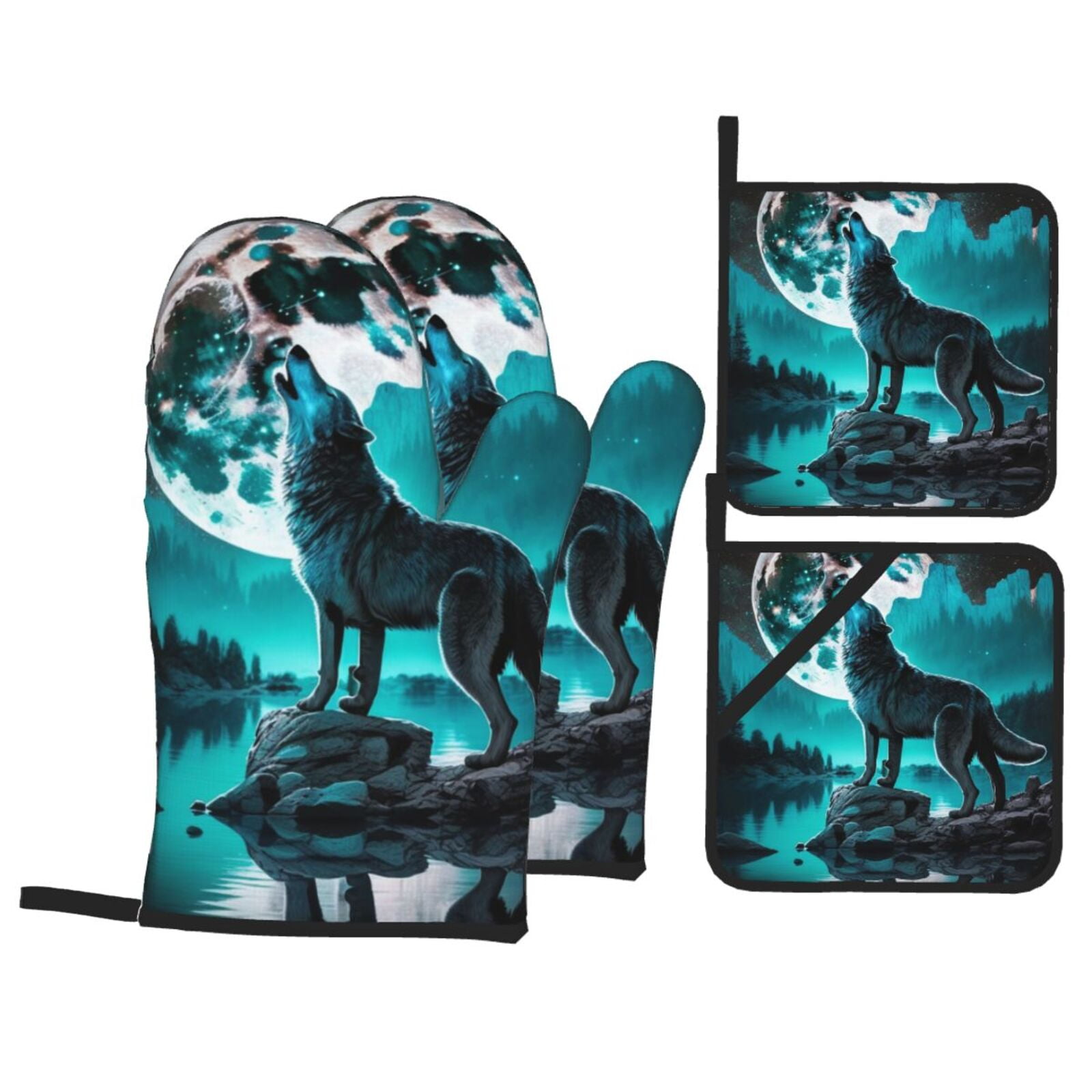 Wolf Howling River Night Moon Cool 4Pcs Oven Mitts and Pot Holders Sets Oven Kitchen Gloves Hot Pads for Cooking BBQ Baking Grilling