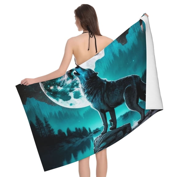 Wolf Howling River Night Moon Cool Beach Bath Towel Gym Spa Shower Towels Pool Soft 32" X 52" for Men Women