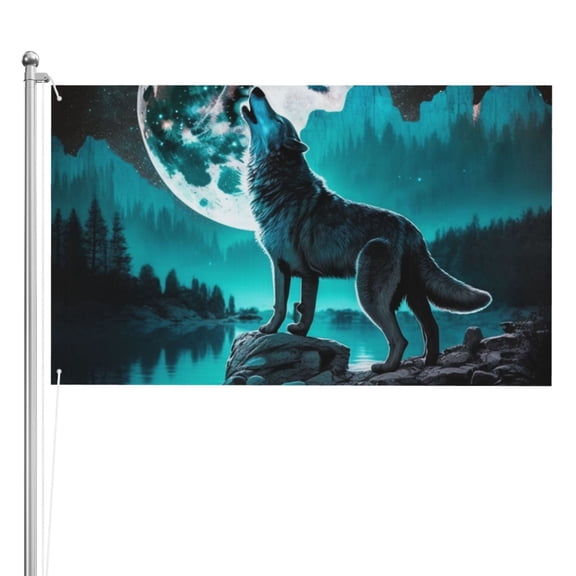 Wolf Howling River Night Moon Cool Double Sided Flag 3x5FT Reversible Garden Flag Outdoor Decor for House, Porch, Lawn, Yard, Indoor Wall, Party Decoration