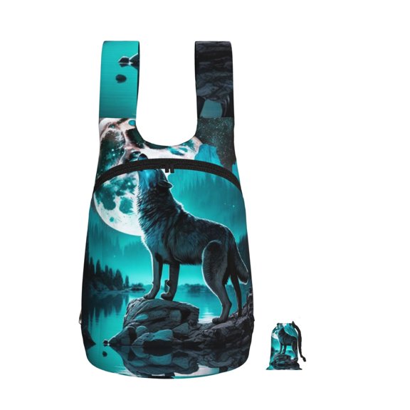Wolf Howling River Night Moon Cool Foldable Storage Backpack Lightweight Packable Travel Daypack for Shopping Commuting Hiking