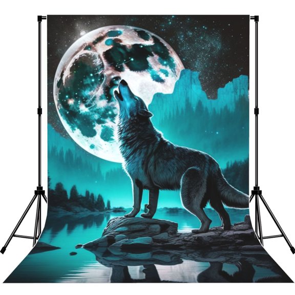 Wolf Howling River Night Moon Cool Photography Backdrop 5x7Ft Background for Photo Studio Video Recording Birthday Party Wedding Home Decor