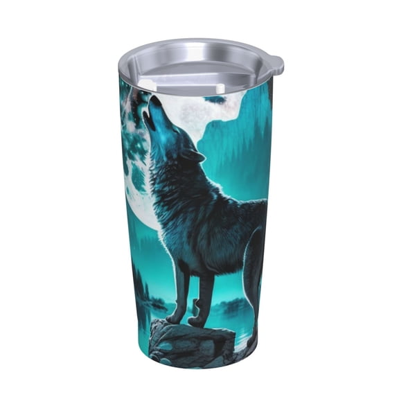 Wolf Howling River Night Moon Cool Stainless Steel Tumbler with Lid and Straw 20oz Vacuum Insulated Travel Mug for Hot & Cold Drinks Coffee Wine Water Cup