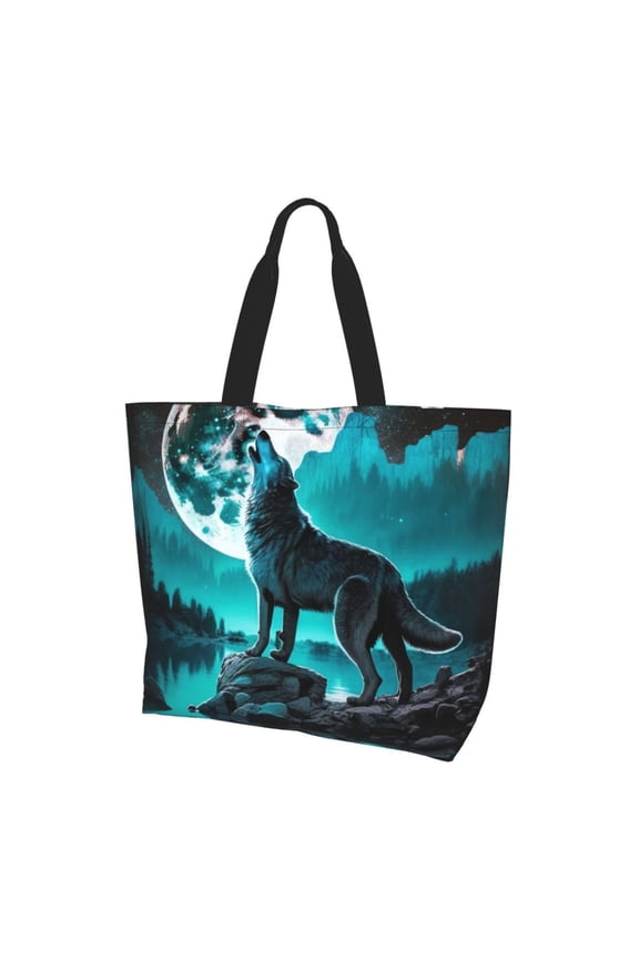 Wolf Howling River Night Moon Cool Women Reusable Bag Large Shoulder Handbag Top Handle Purse Tote