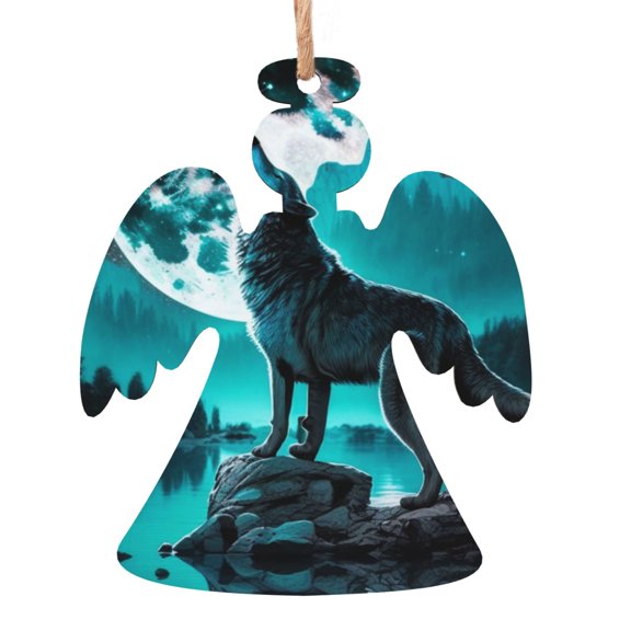 Wolf Howling River Night Moon Cool Wooden Christmas Ornament Angel Shape,Xmas Tree Hanging Decoration 6 PCS