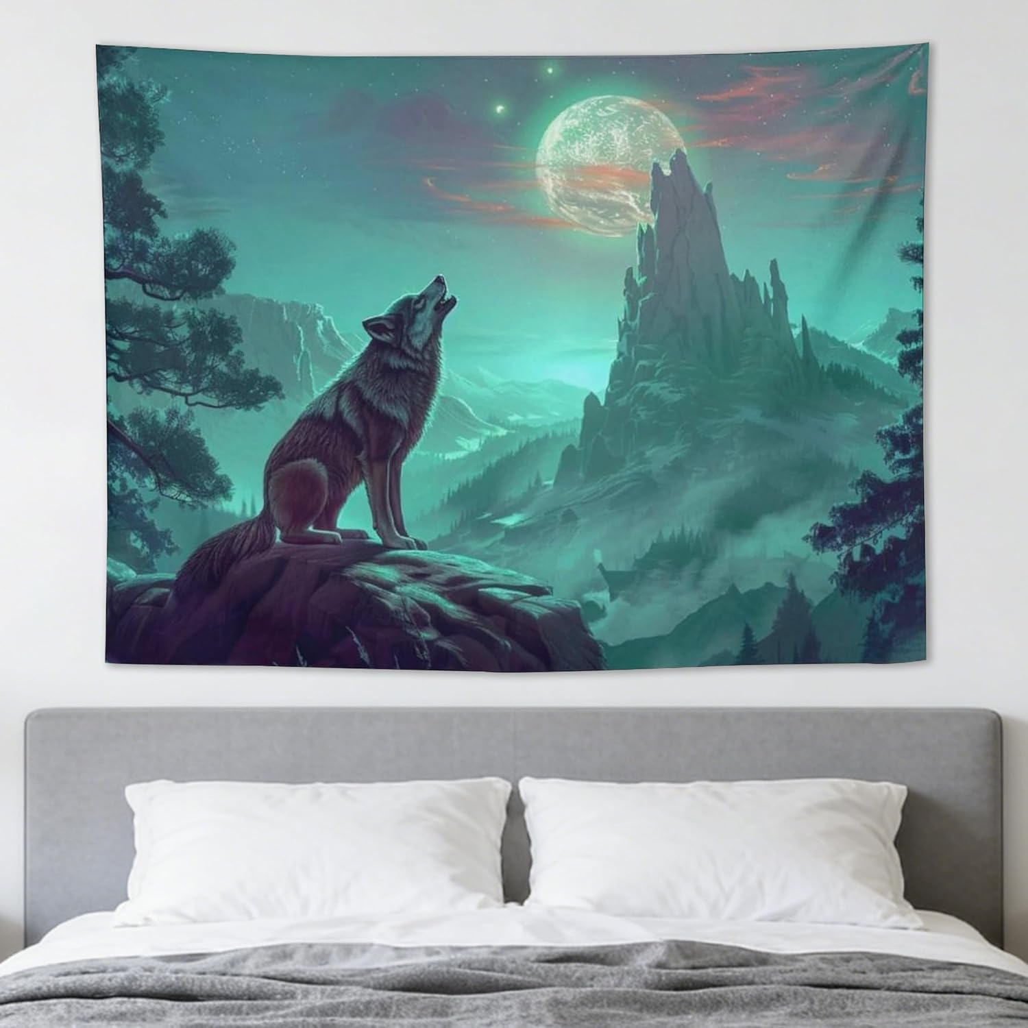 Wolf Howling Tapestry Moon Wolves Wall Art Mountain Wolf Wall Hanging ...