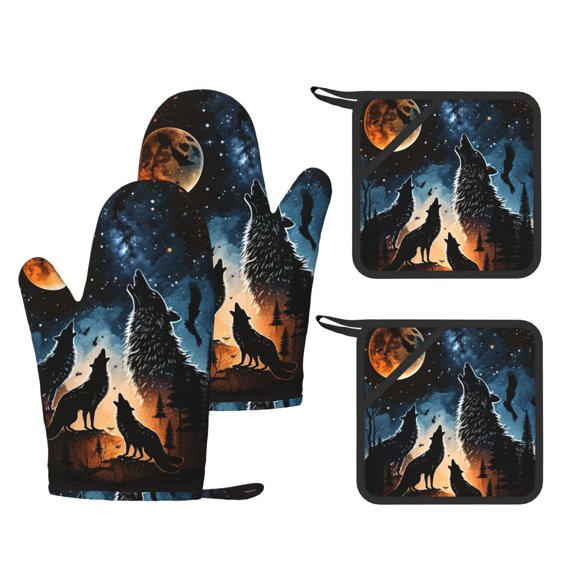 Wolf Howling Wolves Moon Night Stars 4-Piece Silicone Oven Gloves and Pot Holders Set Hot Pads for Kitchen Cooking BBQ Baking Chefs Cooks
