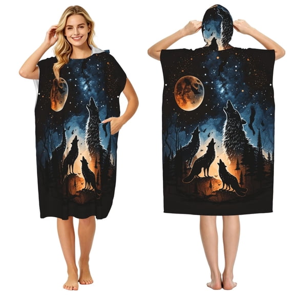 Wolf Howling Wolves Moon Night Stars Adult Hooded Beach Towel Changing Robe, Surf Poncho Towel for Surfing, Swimming, Camping