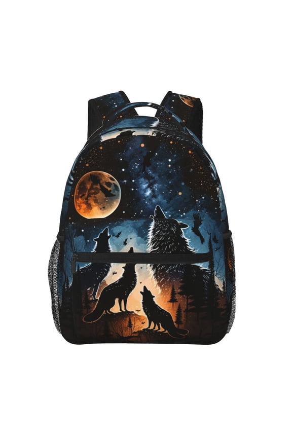Wolf Howling Wolves Moon Night Stars Backpack Casual College Bag Zipper Laptop Daypack Hiking Rucksack Travel