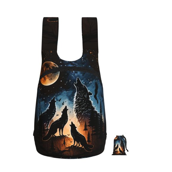 Wolf Howling Wolves Moon Night Stars Foldable Storage Backpack Lightweight Packable Travel Daypack for Shopping Commuting Hiking