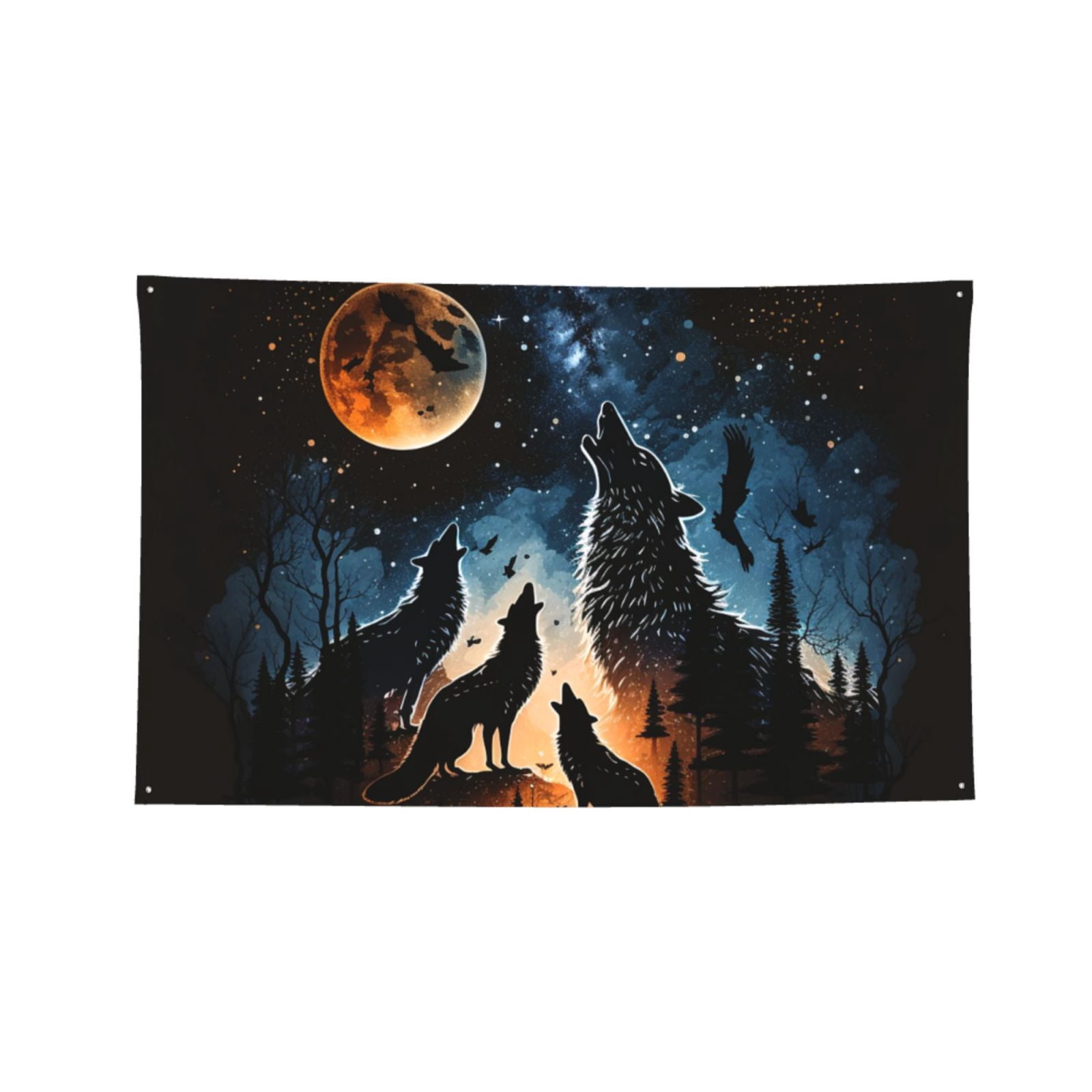 Wolf Howling Wolves Moon Night Stars Four Hole Decorated Banner Flag for Garden Yard Home Decoration Indoor Outdoor 4x6 Ft