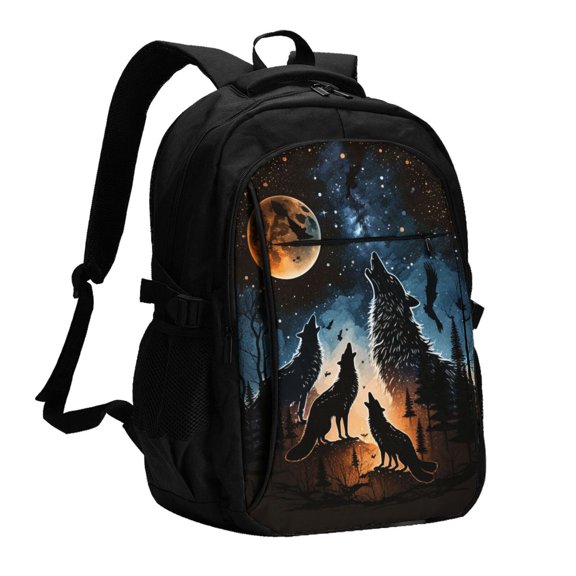 Wolf Howling Wolves Moon Night Stars Laptop Backpack with USB Charging Headphone Port Casual Daypack Bag College Business Travel