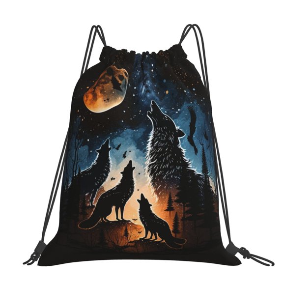 Wolf Howling Wolves Moon Night Stars Large Drawstring Backpack Casual Cinch Sack Bag Backpack for Sports Hiking Travel Gym