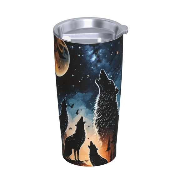 Wolf Howling Wolves Moon Night Stars Stainless Steel Tumbler with Lid and Straw 20oz Vacuum Insulated Travel Mug for Hot & Cold Drinks Coffee Wine Water Cup