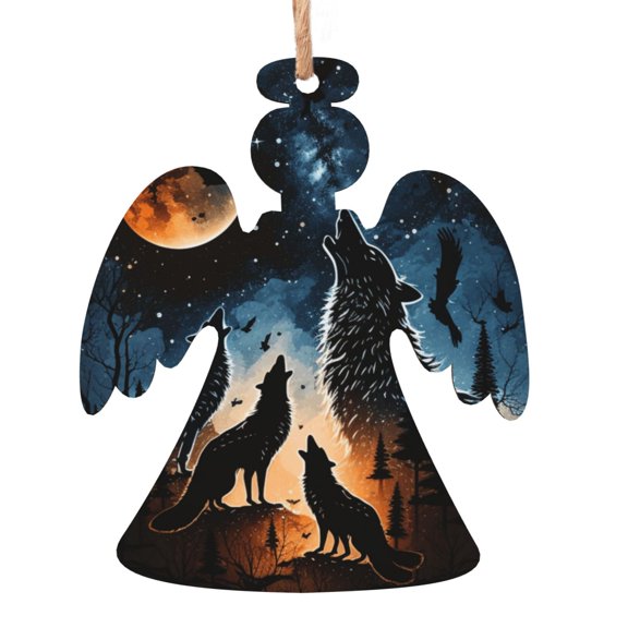 Wolf Howling Wolves Moon Night Stars Wooden Christmas Ornament Angel Shape,Xmas Tree Hanging Decoration 6 PCS