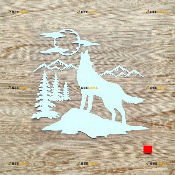 Wolf Howling Wolves Mountain Sun Pine Trees Sticker Decal Vinyl 4X4 Off Road - White 6 Inches - No Background Die Cut for Car Boat Laptop Cup Phone