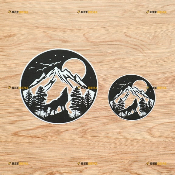 Wolf Howling Wolves Mountain Sun Pine Trees Sticker Decal Vinyl 4X4 Off Road Circle- 2 Pack Reflective, 3 Inches, 5 Inches - for Car Boat Laptop White Background