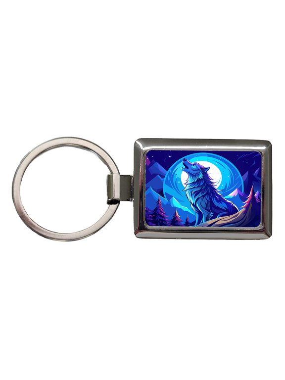 Wolf Howling at Blue Moon Metal Rectangle Keychain
