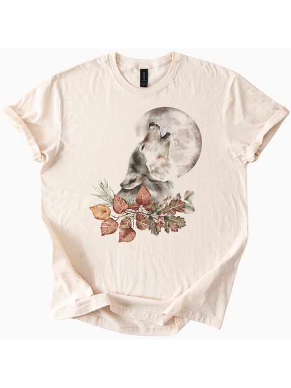 Wolf Howling at Moon Autumn Leaves Wildlife Graphic T-Shirt