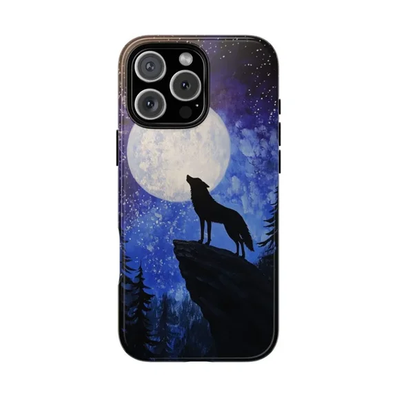 Wolf Howling at Moon Night Scene Protective Case for iPhone 11 12 13 14 15 16 17 Pro Max