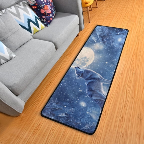 Wolf Howling at Moon Snow Night Long Floor Mat Runner Rug Area Mat Noise Reduction Water Absorbent Non-Slip 72" x 24"
