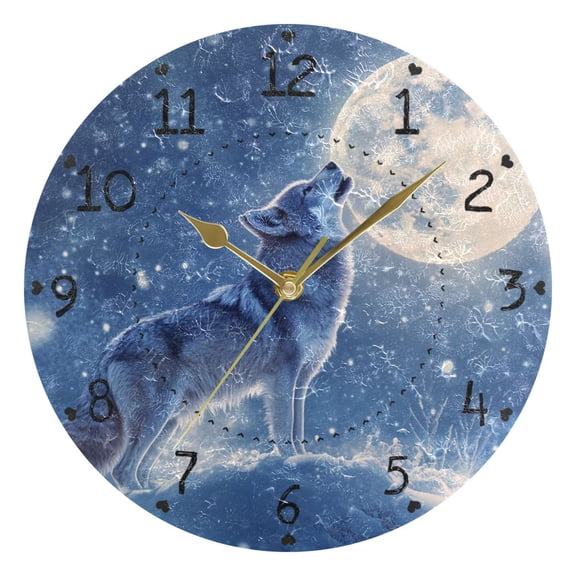 Wolf Howling at Moon Snow Night Round Wall Clock Silent Analog Battery Operated Gold Pointer Home Decor 9.84" Diameter
