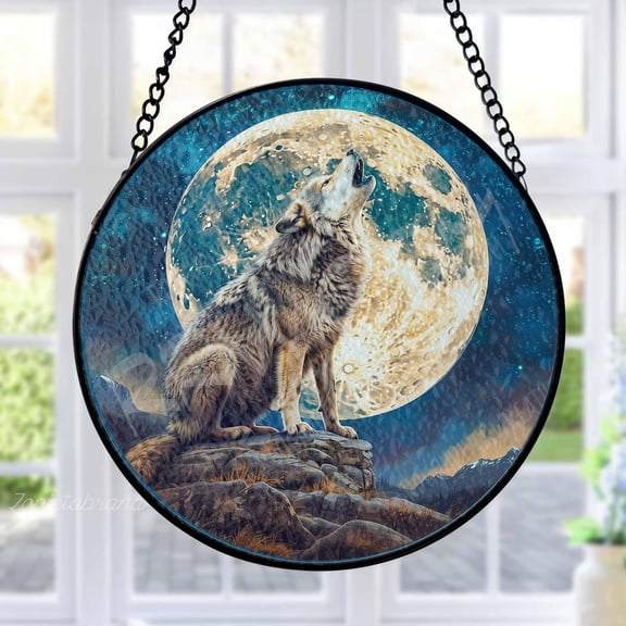 Wolf Howling at Moon Stained Glass Suncatcher Metal Outdoor Decor Wildlife Nature Celestial Blue Gold Vibrant