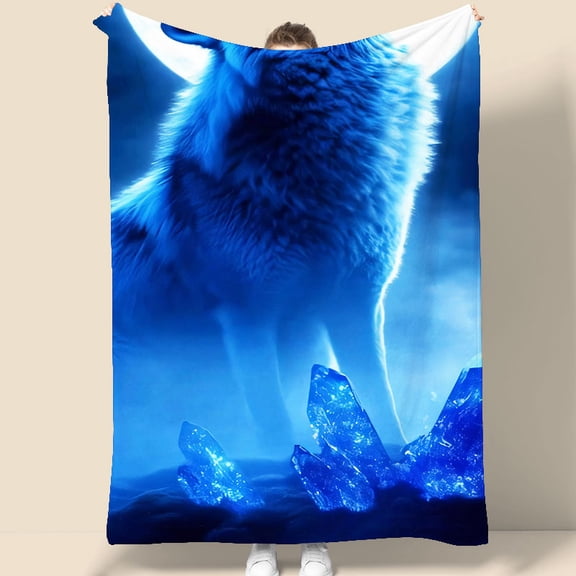 Wolf Howling at Moon Tapestry 70.07 x 90.55 Inches Blue Crystal Design Wall Hanging for Bedroom Living Room Decor
