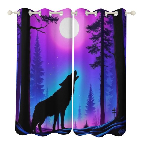 Wolf Howling at Moon in Forest 2 Panels Curtains for Bedroom Living Room Drapes Kitchen Window Curtain Home Decor