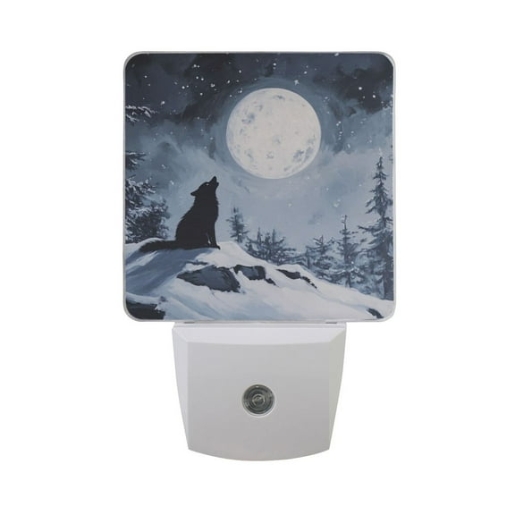 Wolf Howling at Moon in Snow Trees LED Night Light with Smart Sensor Plug Into Wall Dusk to Dawn 2 packs