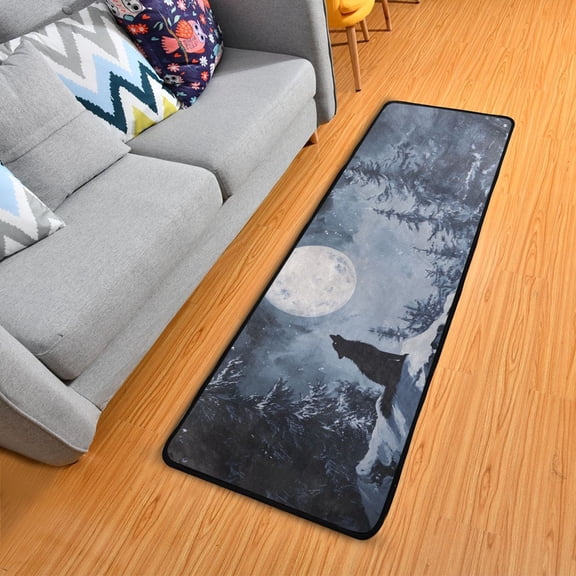 Wolf Howling at Moon in Snow Trees Long Floor Mat Runner Rug Area Mat Noise Reduction Water Absorbent Non-Slip 72" x 24"