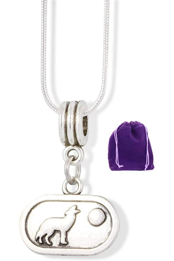 Wolf Howling at Moon on Oval Charm Snake Chain Necklace