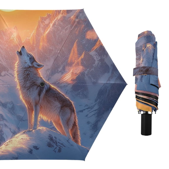Wolf Howling at Moon on Snow Mountains All Weather Umbrella Triple Folding Parasol 6 Ribs UV Protection Portable