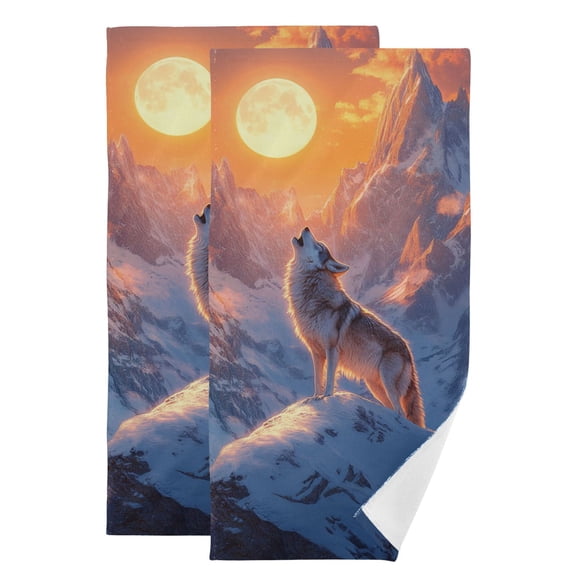 Wolf Howling at Moon on Snow Mountains Hand Towel Absorbent Bath Towels for Bathroom Sports Gym 28" x 14" Set of 2