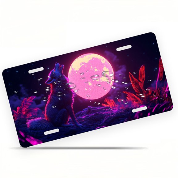 Wolf Howling at Pink Moon Funny Personalized License Plate Rust-proof Stainless Steel Metal License Plate Suitable For Men And Women 12.2" x 6.2"