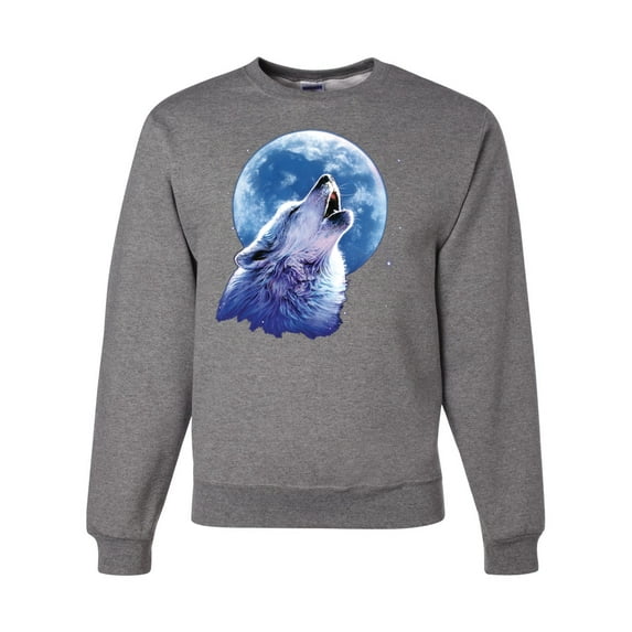 Wolf Howling at the Moon | Mens Animal Lover Crewneck Graphic Sweatshirt, Heather Grey, Medium