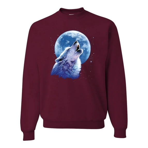 Wolf Howling at the Moon | Mens Animal Lover Crewneck Graphic Sweatshirt, Maroon, X-Large