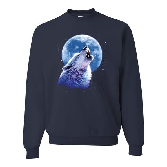 Wolf Howling at the Moon | Mens Animal Lover Crewneck Graphic Sweatshirt, Navy, 3XL