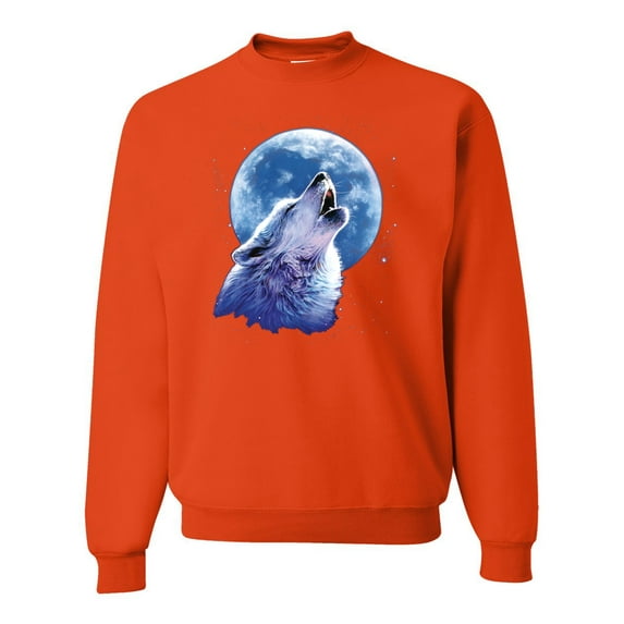 Wolf Howling at the Moon | Mens Animal Lover Crewneck Graphic Sweatshirt, Orange, Large