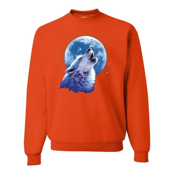 Wolf Howling at the Moon | Mens Animal Lover Crewneck Graphic Sweatshirt, Orange, Medium