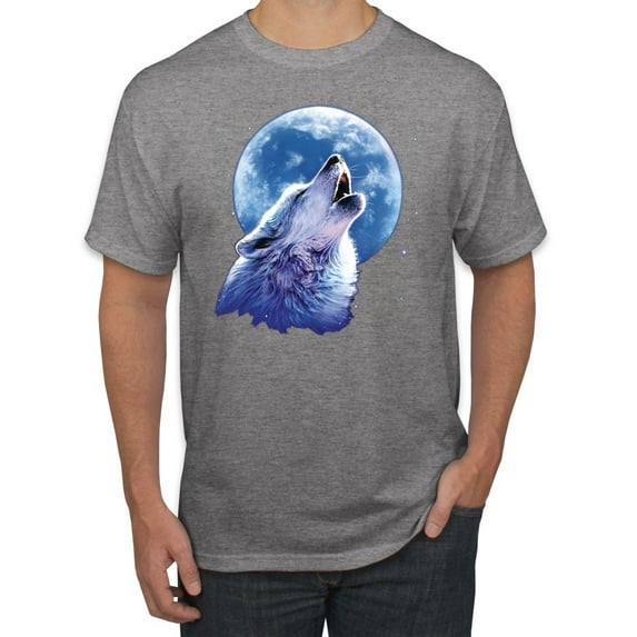 Wolf Howling at the Moon | Mens Animal Lover Graphic T-Shirt, Heather Grey, 4XL