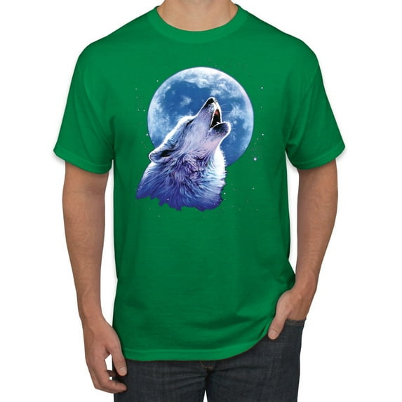 Wolf Howling at the Moon | Mens Animal Lover Graphic T-Shirt, Kelly, Medium