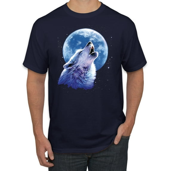 Wolf Howling at the Moon | Mens Animal Lover Graphic T-Shirt, Navy, 3XL