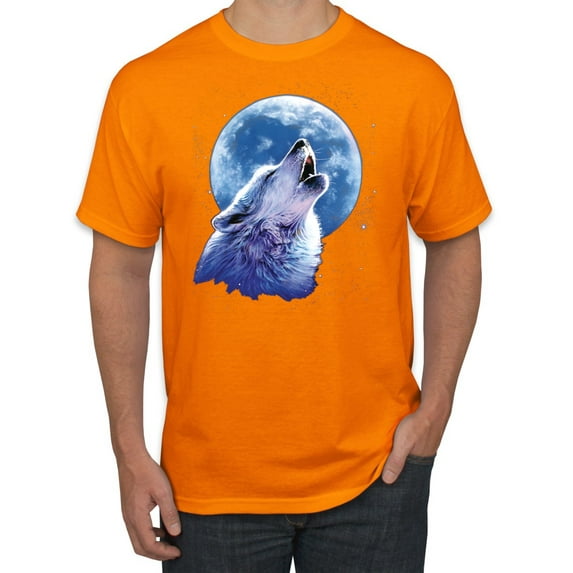 Wolf Howling at the Moon | Mens Animal Lover Graphic T-Shirt, Orange, X-Large