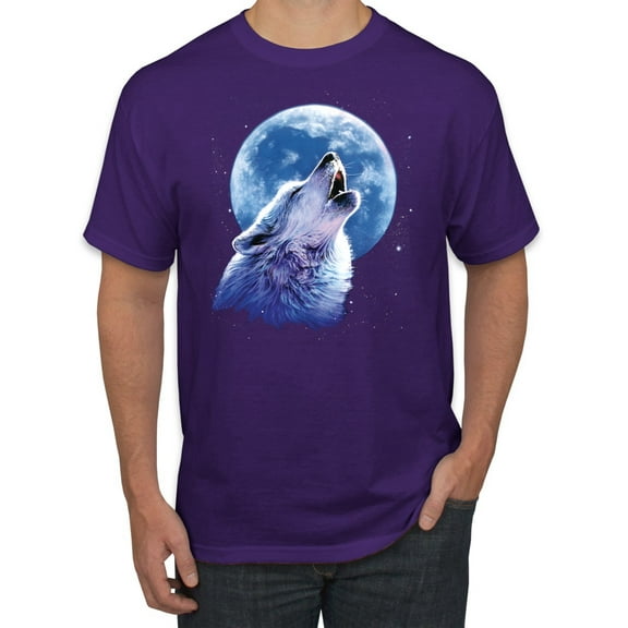 Wolf Howling at the Moon | Mens Animal Lover Graphic T-Shirt, Purple, Medium