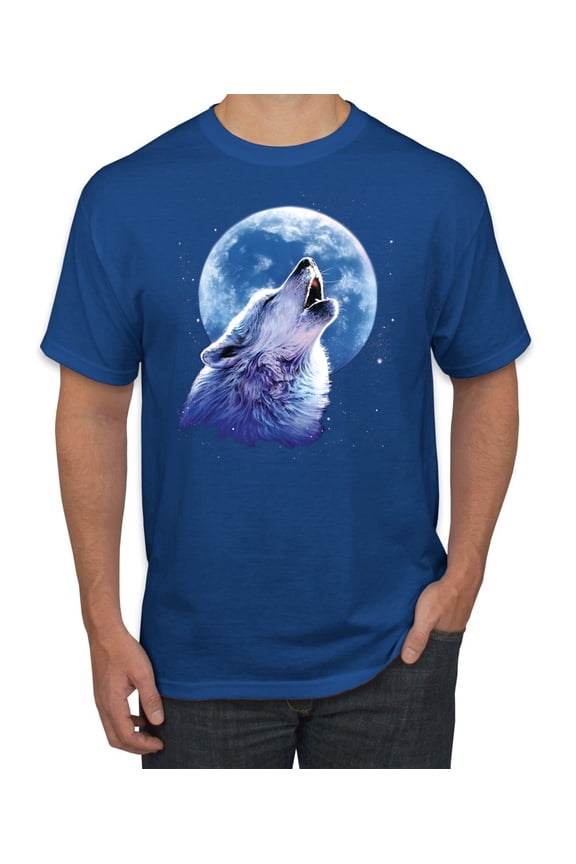 Wolf Howling at the Moon | Mens Animal Lover Graphic T-Shirt, Royal, Medium