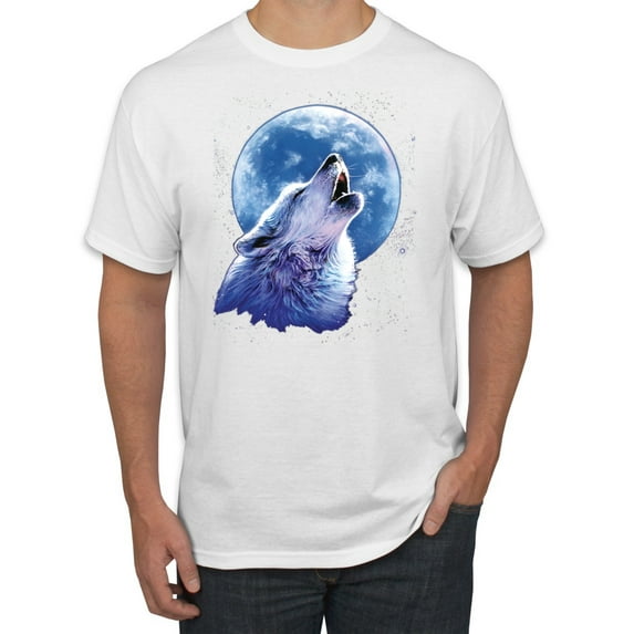 Wolf Howling at the Moon | Mens Animal Lover Graphic T-Shirt, White, 2XL