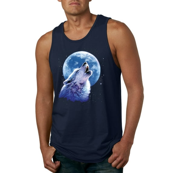 Wolf Howling at the Moon | Mens Animal Lover Graphic Tank Top, Navy, Large