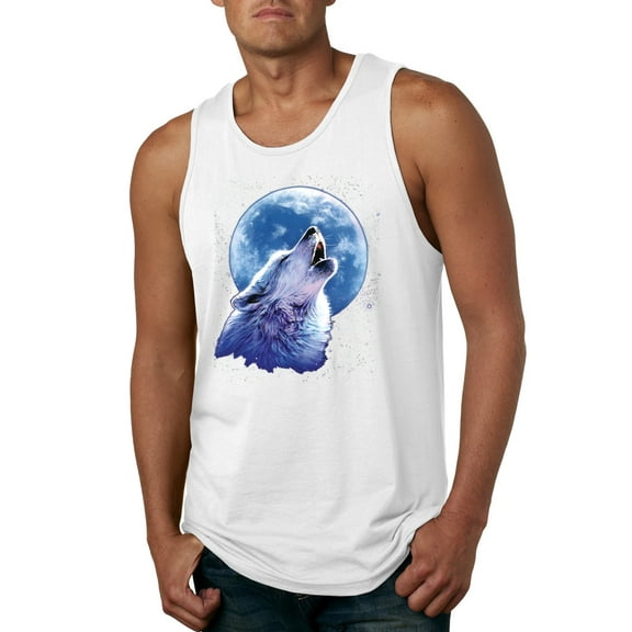 Wolf Howling at the Moon | Mens Animal Lover Graphic Tank Top, White, Small